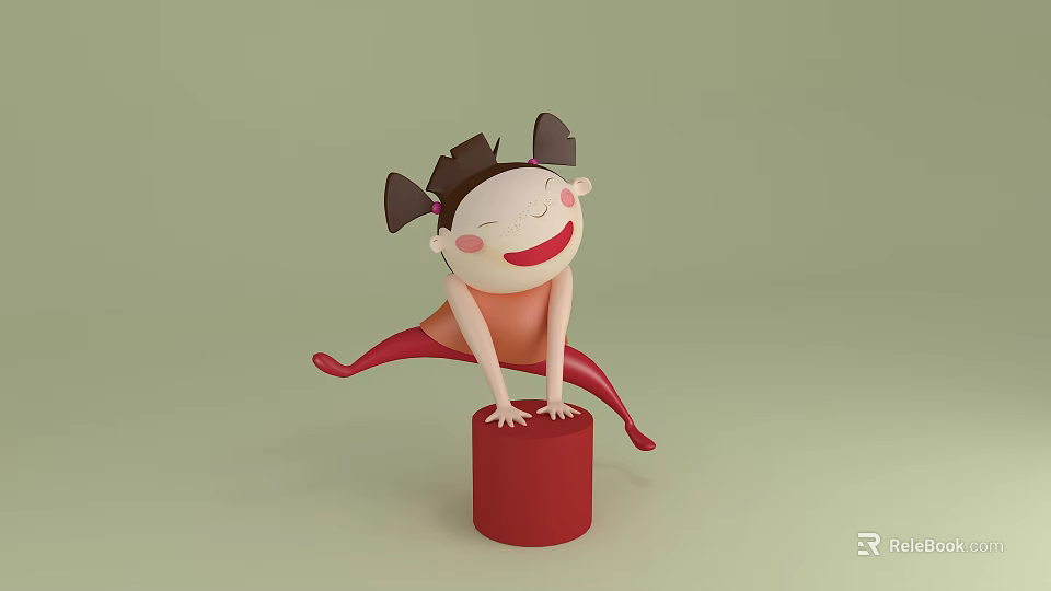 Cartoon Game Character Little Girl With Ponytails On Red Cylinder Smiling Playful Pose 3d model 