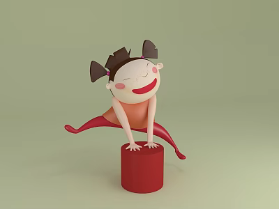Cartoon Game Character Little Girl With Ponytails On Red Cylinder Smiling Playful Pose 3d model