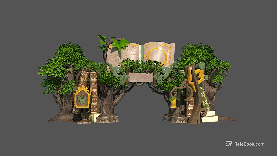 Enchanted Door Arch with Trees Open Book Vines Lantern and Scroll 3d model 