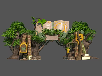 Enchanted Door Arch with Trees Open Book Vines Lantern and Scroll 3d model