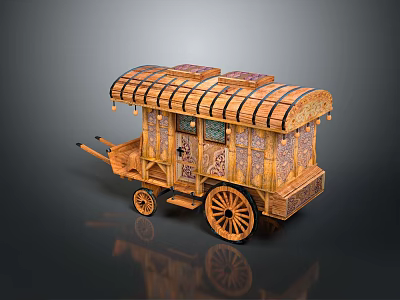 Traditional Ornate Wooden Carriage Featuring Roofed Structure and Intricate Carved Details 3d model