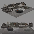 Modern Sofa Coffee Table Set With Throw Pillows Decorative Plants And Area Rug 3d model