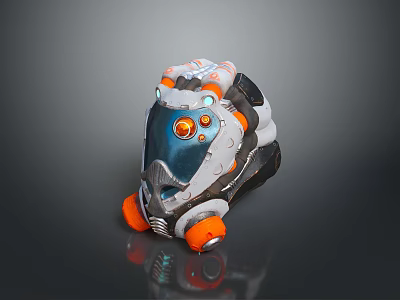 Futuristic Mechanical Weapon With Orange Wheels Transparent Mask And Gray Body Components 3d model