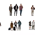 Group of People In Different Postures Carrying Backpacks And Suitcases Walking