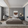 Modern Minimalist Children's Room With Gray Walls Bed Desk And Cartoon Character Wall Art