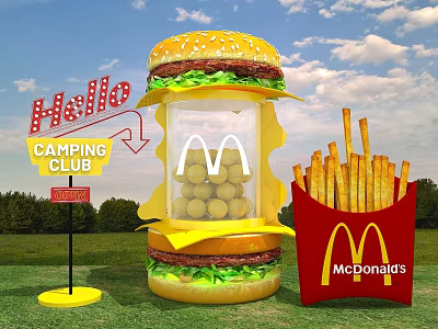 McDonald's Interactive Zone With Giant Hamburger Fries And Camping Club Sign 3d model