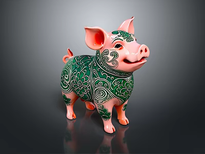 Pink And Green Pig Shaped Household Decoration With Intricate Floral Patterns 3d model