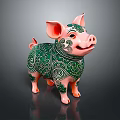 Pink And Green Pig Shaped Household Decoration With Intricate Floral Patterns