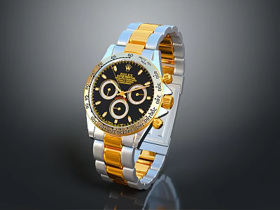 Luxury Two Tone Gold And Silver Strap Watch With Black Dial And Diamond Accents 3d model