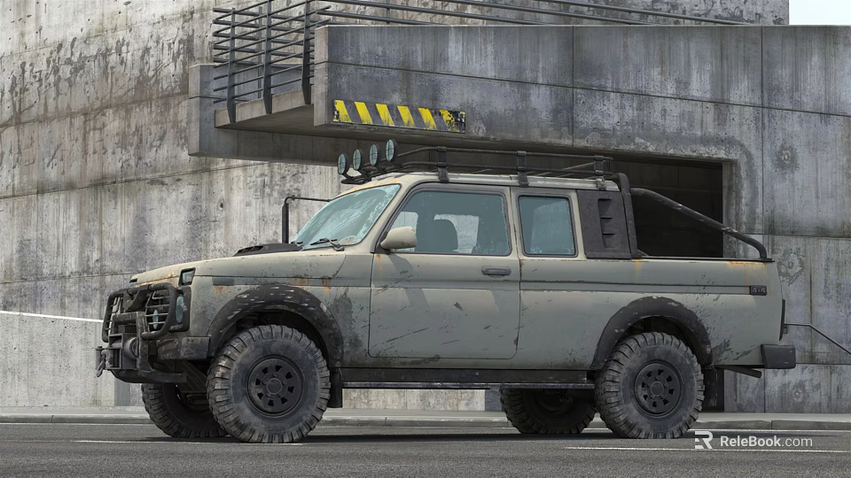 Muddy Off Road Vehicle With Large Tires Roof Mounted Lights And Industrial Concrete Background 3d model 