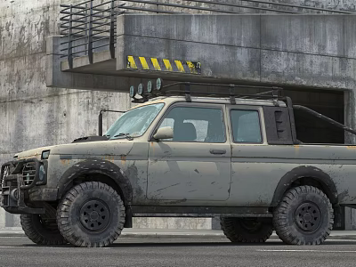 Muddy Off Road Vehicle With Large Tires Roof Mounted Lights And Industrial Concrete Background 3d model