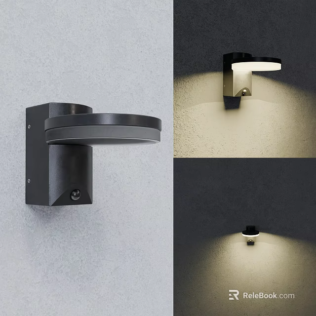 Modern Black Metal Wall Lamp With Circular Shade Mounted On Gray Wall And Soft Lighting 3d model 