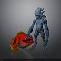Blue Humanoid Creature Standing Next To Red Fish With Orange Fins And Green Feet