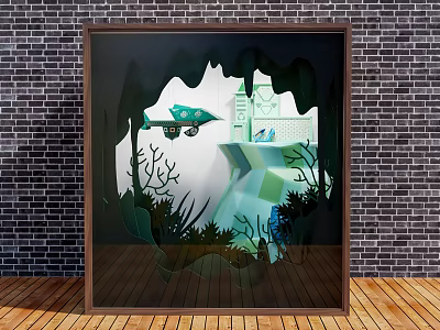 Event Entrance With 3D Paper Cut Underwater Elements Coral Fish And Building Outline 3d model