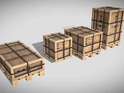 Set of Four Wooden Storage Crates With Black Strapping And Pallet Bases In Various Sizes 3d model
