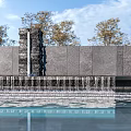 Modern Feature Wall with Cascading Water Flow and Reflecting Pool Surrounded by Trees 3d model