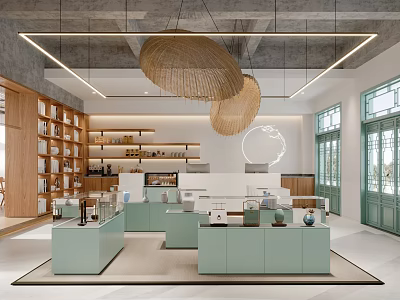 Minimalist Modern Hotel Lobby With Woven Pendant Lights Light Green Counters And Large Windows 3d model