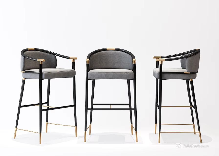 Modern Grey Fabric Bar Stools With Black Metal Frame And Gold Accent Armrests 3d model 