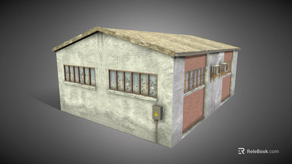 Old Warehouse Style Building With Gray Red Walls Sloped Roof And Windows 3d model 