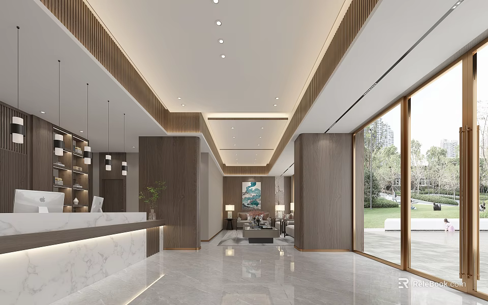 Modern Hotel Lobby Interior With Marble Reception Desk Wooden Walls Recessed Lighting And Large Windows 3d model 