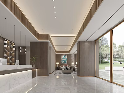 Modern Hotel Lobby Interior With Marble Reception Desk Wooden Walls Recessed Lighting And Large Windows 3d model