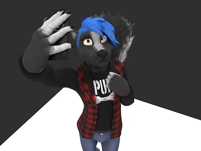 Man With Blue Hair Taking Selfie In Red Black Plaid Shirt And Black PUNK T-shirt 3d model