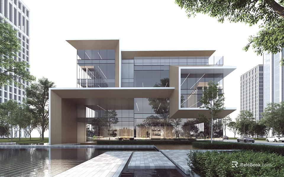 Modern Sales Center Building With Glass Facade And Water Feature 3d model 