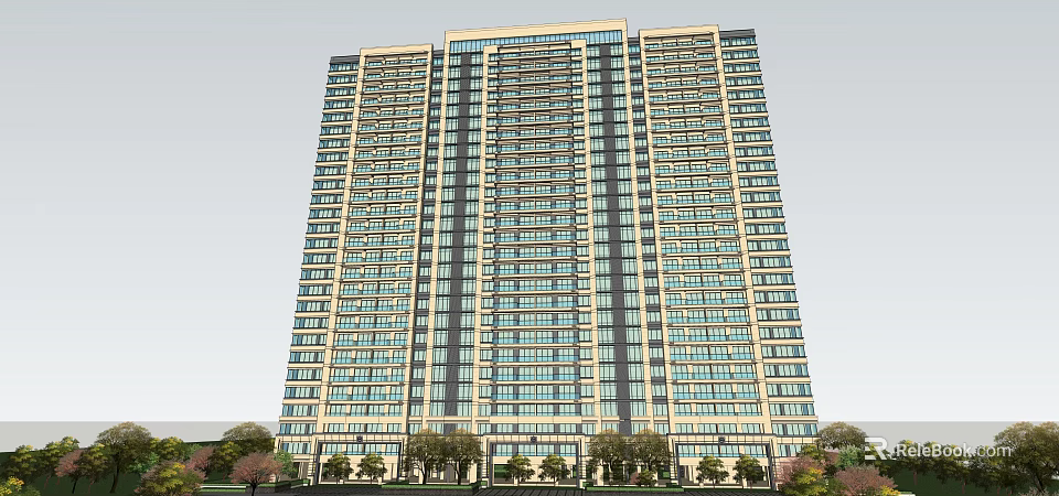 Modern High Rise Residential Building Exterior With Glass Windows And Surrounding Greenery 3d model 