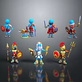 Game Movie Characters Cartoon 3D Style With Armor Shield Sword Spear And Cloak