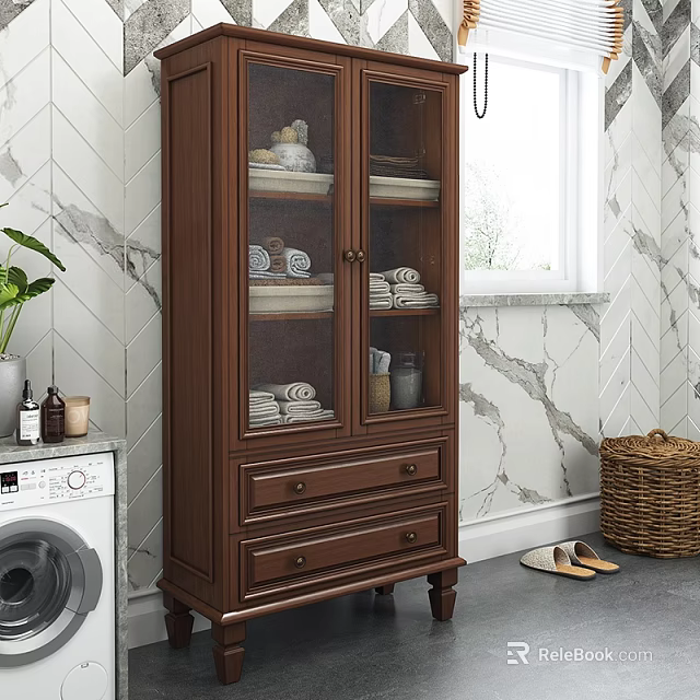 Wooden Bathroom Cabinet With Glass Doors Storage Drawers And Towels In Marble Tile Bathroom 3d model 