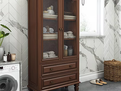 Wooden Bathroom Cabinet With Glass Doors Storage Drawers And Towels In Marble Tile Bathroom 3d model