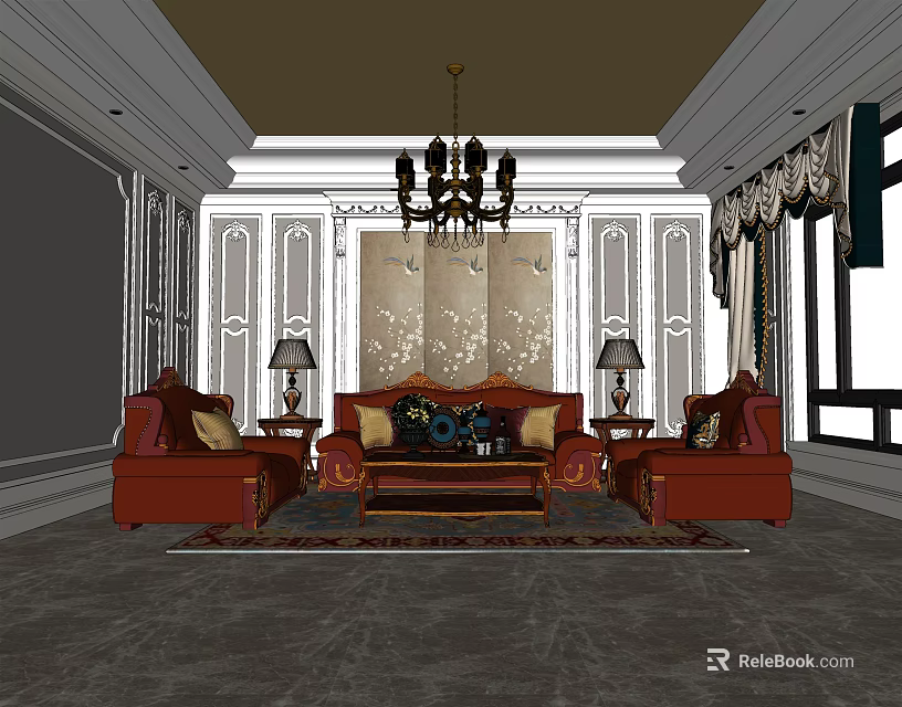 Elegant Living Room Interior With Red Sofas Coffee Table Chandelier And Decorative Walls 3d model 
