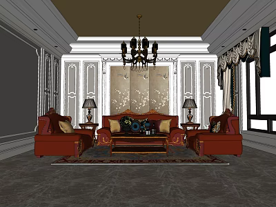 Elegant Living Room Interior With Red Sofas Coffee Table Chandelier And Decorative Walls 3d model