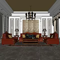 Elegant Living Room Interior With Red Sofas Coffee Table Chandelier And Decorative Walls