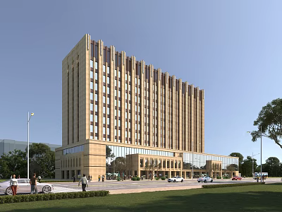 Modern High-rise Office Building Exterior With Glass Curtain Wall Landscaping And Parking 3d model