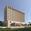 Modern High-rise Office Building Exterior With Glass Curtain Wall Landscaping And Parking