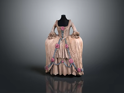 Vintage Corset Dress With Pink Floral Decorations And Ruffled Skirt On Black Mannequin 3d model