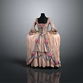 Vintage Corset Dress With Pink Floral Decorations And Ruffled Skirt On Black Mannequin