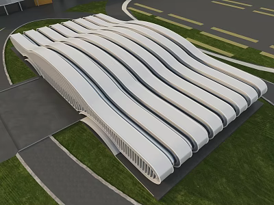 Modern Station Exterior With Curved White Roof Sleek Lines And Green Lawn 3d model