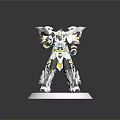 Winged Mechanical Creature Character With White Armor And Yellow Red Accents Standing On Display Base