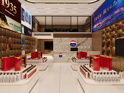 Spacious Tobacco And Liquor Store Interior With Moutai Products Red Packages And Shelves 3d model