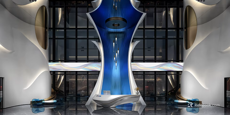 Modern Elegant Reception Desk Interior Design With Blue White Accents And Glass Walls Lighting 3d model 