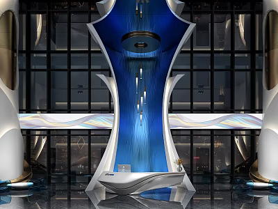 Modern Elegant Reception Desk Interior Design With Blue White Accents And Glass Walls Lighting 3d model