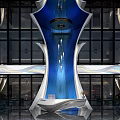 Modern Elegant Reception Desk Interior Design With Blue White Accents And Glass Walls Lighting