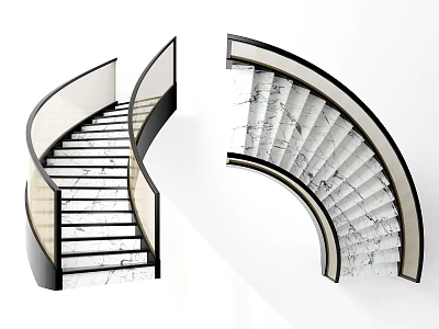 Curved Modern Staircase with Marble Steps Black Frame and Transparent Glass Railing Interior Design 3d model