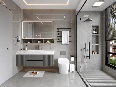 Modern Bathroom Interior Design With Vanity Mirror Marble Countertop White Toilet And Walk In Shower 3d model