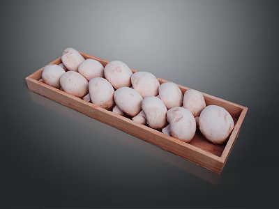 Fresh White Mushrooms Arranged in Wooden Tray for Culinary Use 3d model