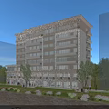 Modern Residential Building with Large Windows Balconies and Greenery Trees Flowers Under Blue Sky
