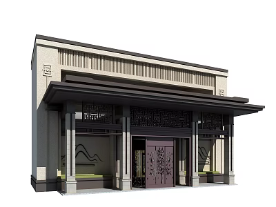 Traditional Chinese Architectural Entrance Gate With Carved Wooden Doors Stone Columns And Eave Design 3d model