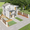 Modern Two Story Detached Villa Exterior with Balcony Greenery and Floor to Ceiling Windows